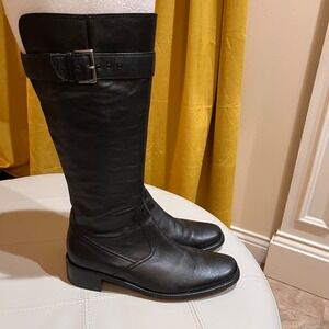 Gabor Black‎ Leather Riding Boots Buckle Detail Rubber Sole MRSP $235-Size 6.5